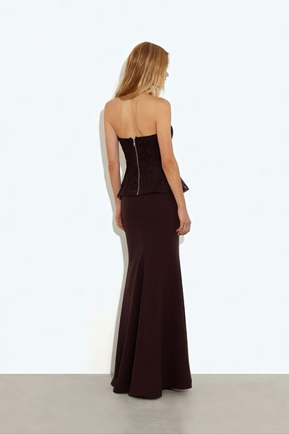 Kahverengi Bağcıklı Korse Detaylı Abiye Elbise